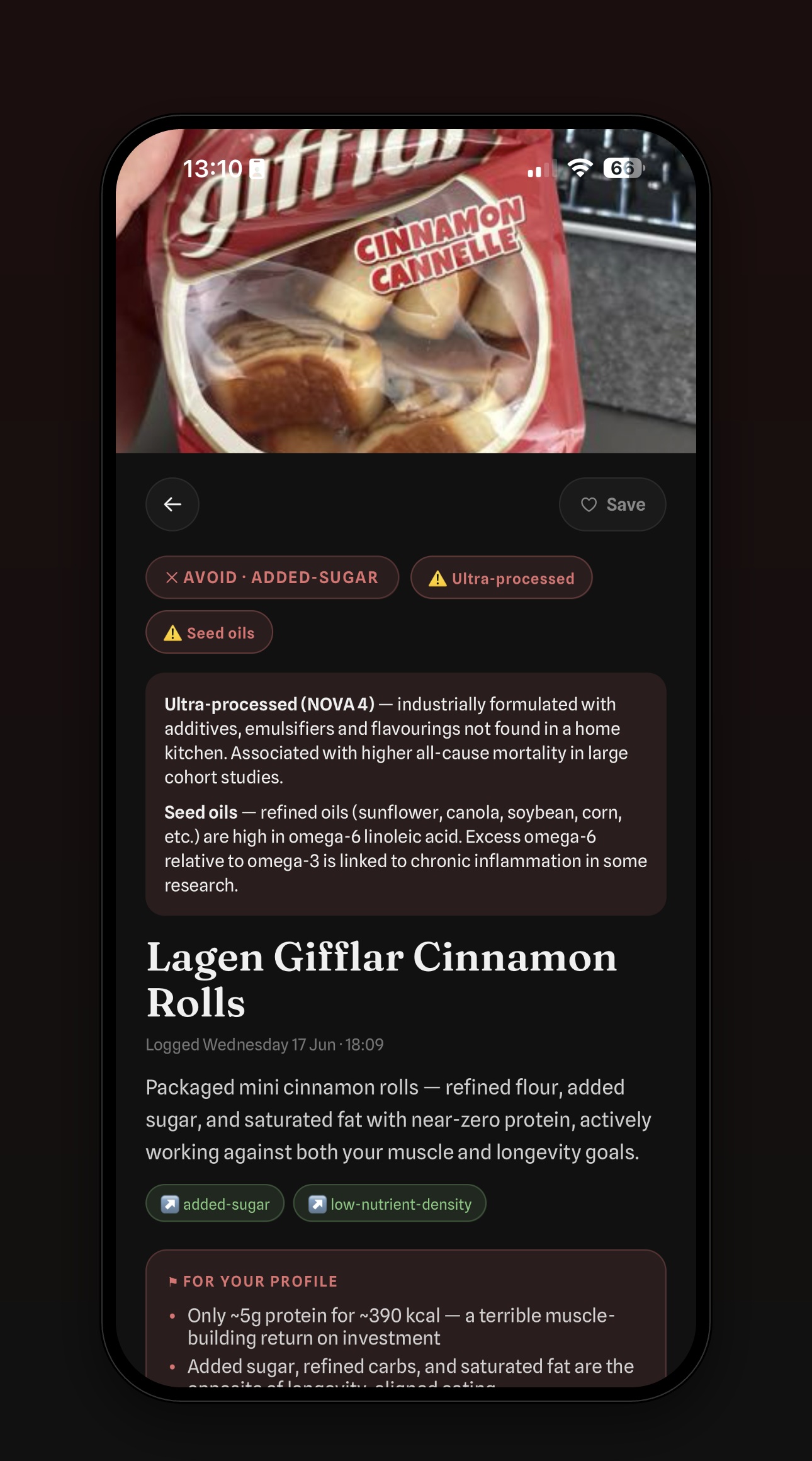Cinnamon rolls scanned as AVOID — added sugar, ultra-processed