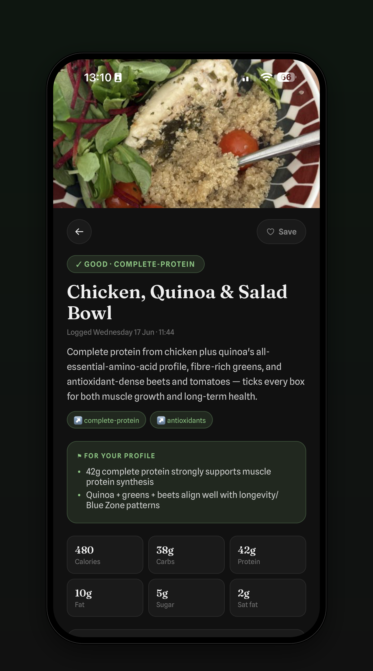 A meal scanned in Vive, returning a GOOD verdict with full macros