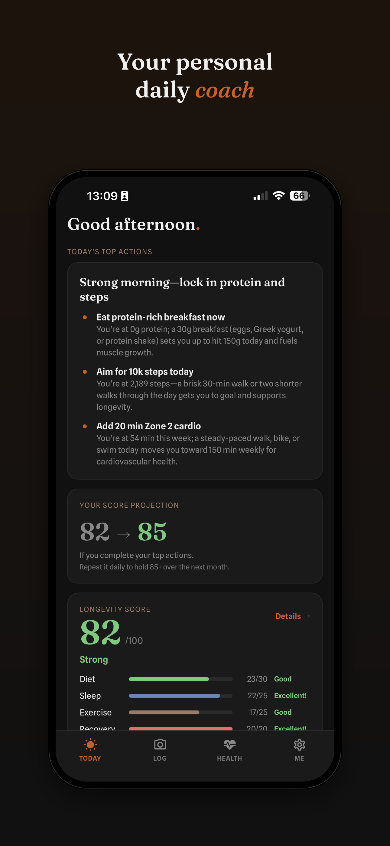 Vive's Today screen showing the daily coach and longevity score